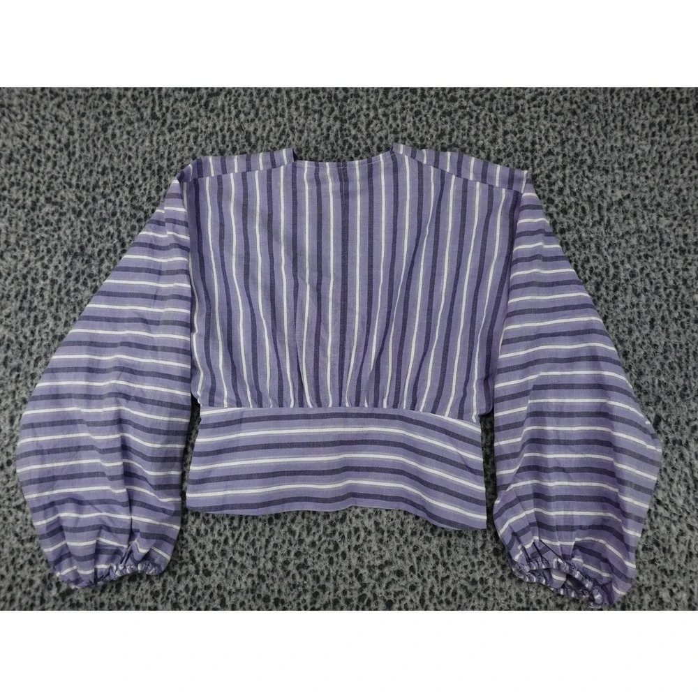 Banana Republic V-Neck Blouse Womens 6 Purple Striped Puff Sleeve 737347-00-1